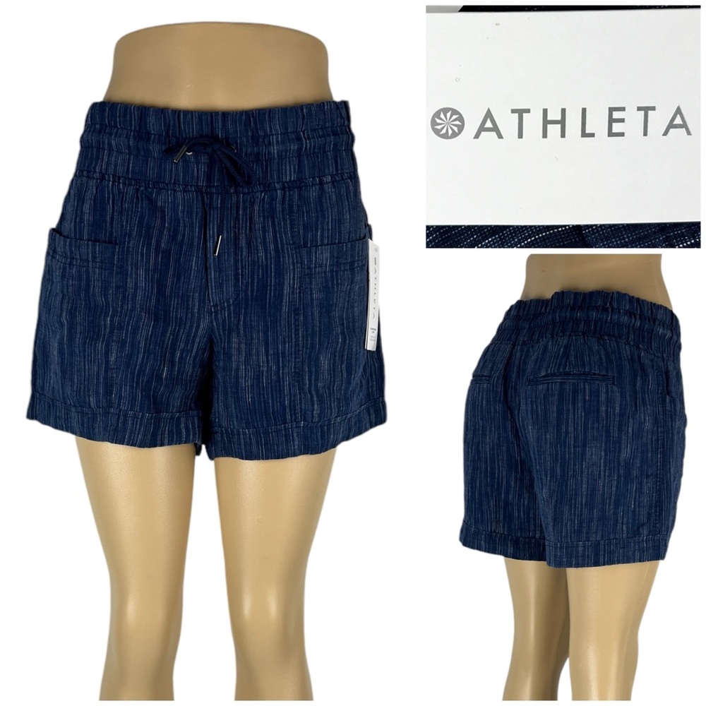 Athleta Womens 6 Shorts 100% Linen 4” Cabo Linen Textured Pockets Blue NWT